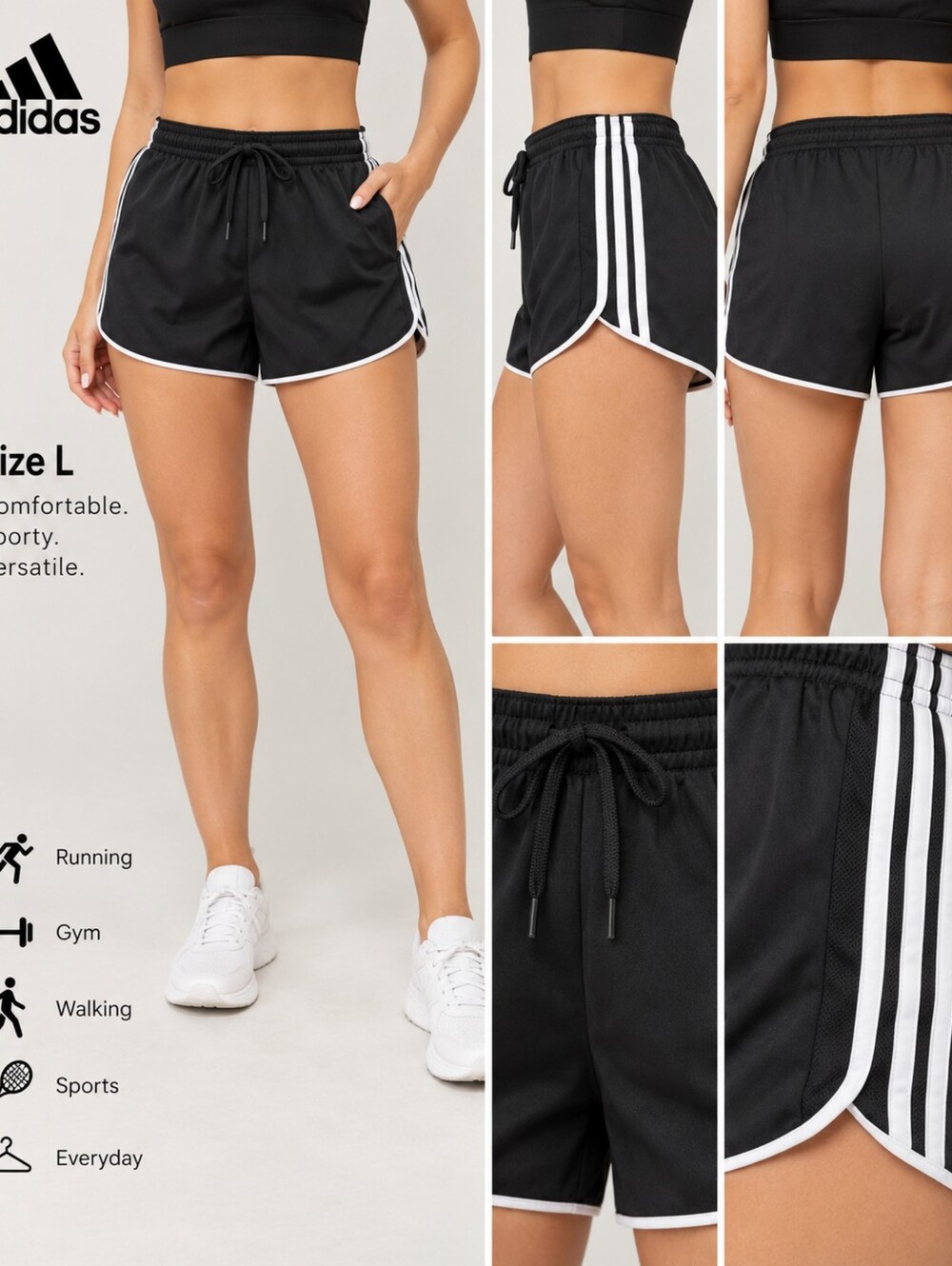 Adidas Women’s Black Athletic Shorts with White Trim